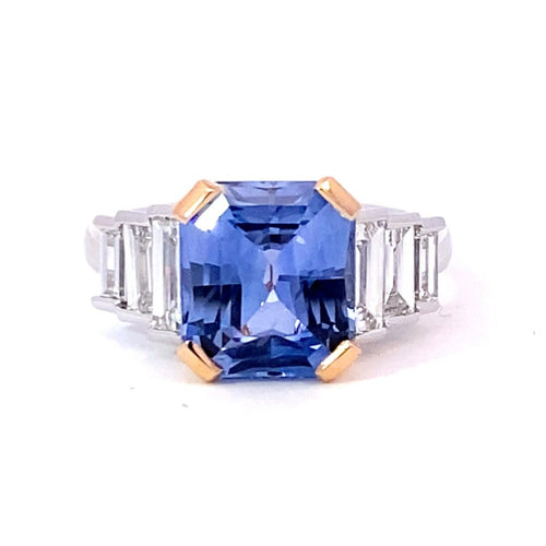 Radiant cut Ceylon blue sapphire and diamond ring on white gold band