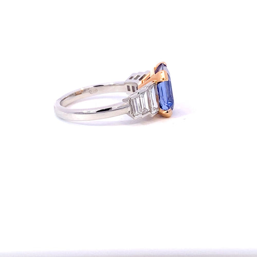 Radiant cut Ceylon blue sapphire and diamond ring on white gold band