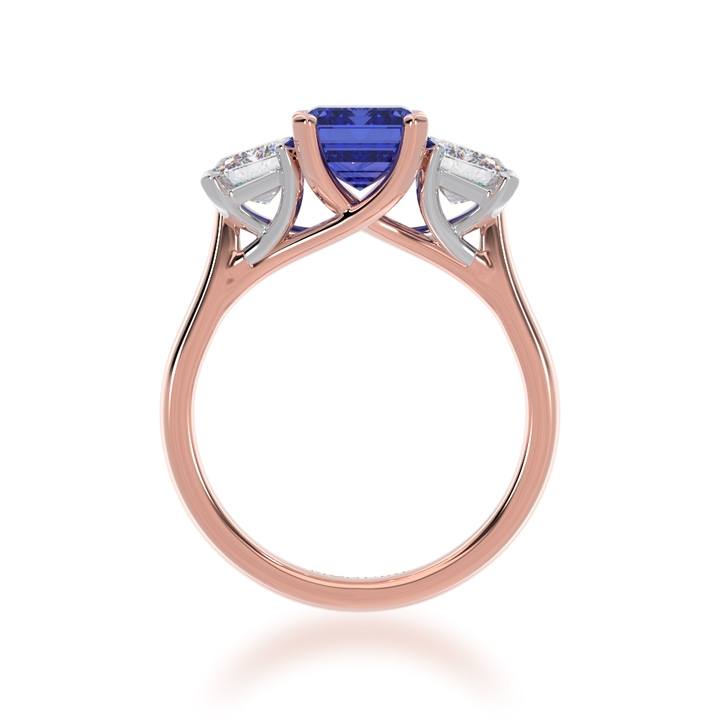 Trilogy emerald cut blue sapphire and diamond ring on rose gold band view from front 
