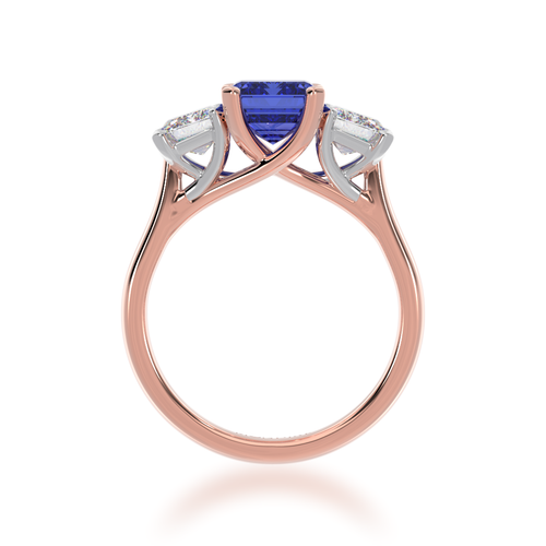 The Mondial by Nadia Trilogy emerald cut blue sapphire engagement ring with diamonds on rose gold band view from front.