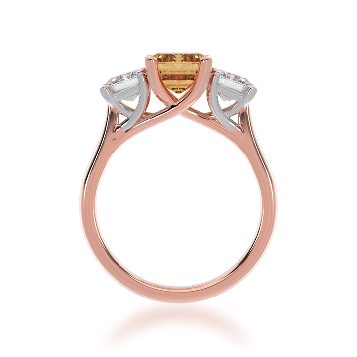 Trilogy emerald cut champagne and diamond ring on rose gold band view from front 