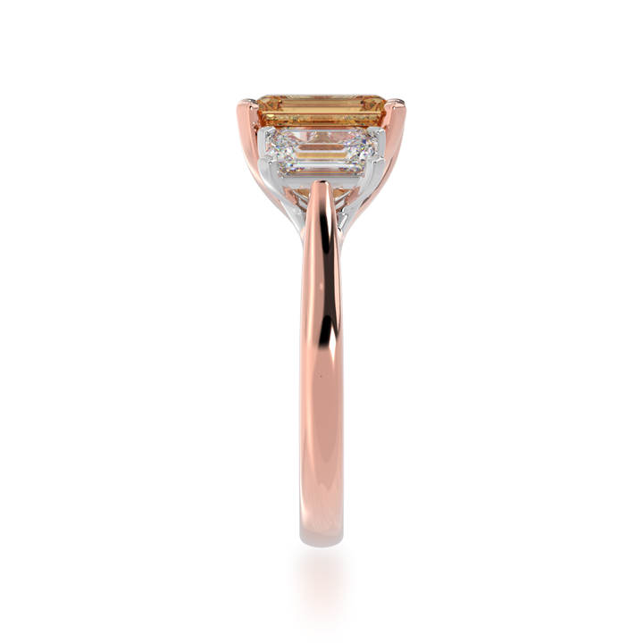 Trilogy emerald cut champagne and diamond ring on rose gold band view from side 