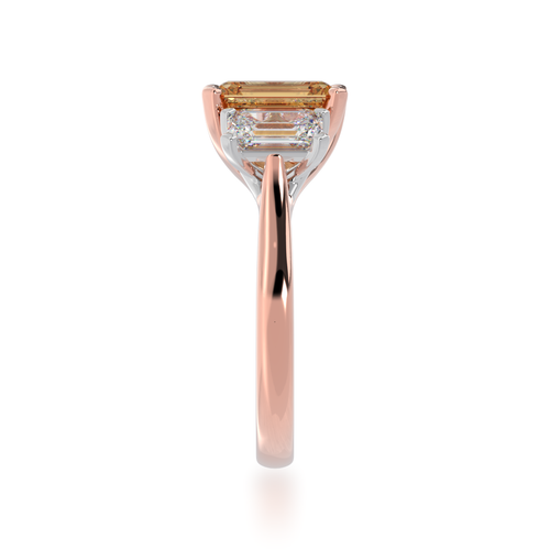 Trilogy emerald cut champagne and diamond ring on rose gold band view from side 