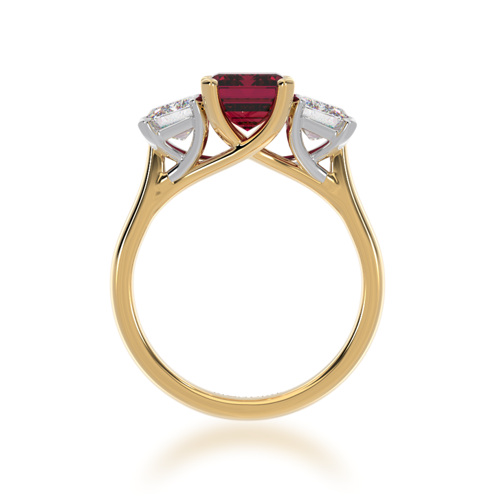 Trilogy emerald cut ruby and diamond ring on yellow gold band view from front 