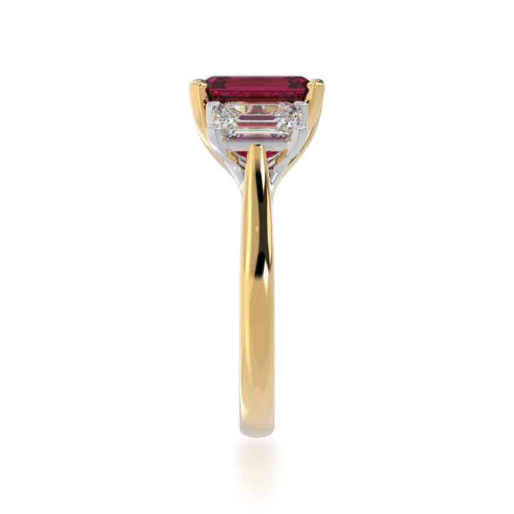 Trilogy emerald cut ruby and diamond ring on yellow gold band view from side 