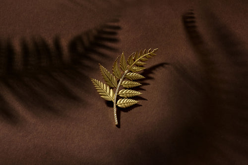 Gold Fern Brooch with sparkling crystal accents on a dark brown background.