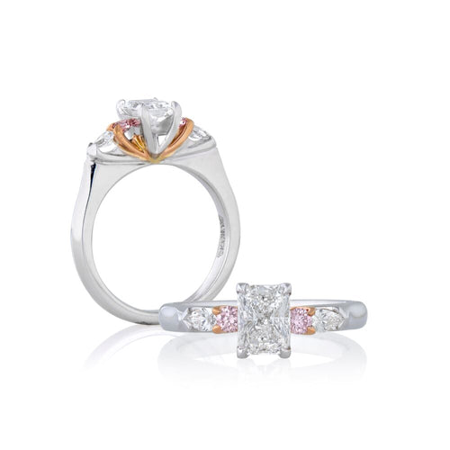 Radiant cut diamond with Argyle Pink diamonds engagement ring