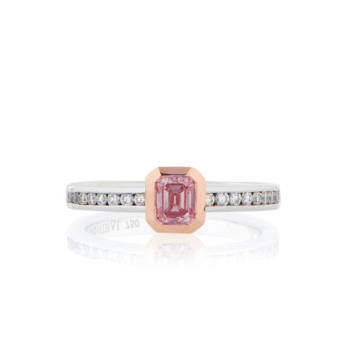 Emerald cut Argyle Pink diamond ring with diamond set band