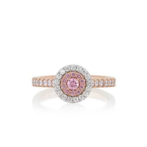 Argyle Pink diamond halo design ring with diamond set band