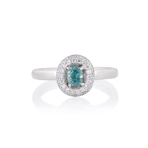 Natural "Blue-Green" coloured diamond, halo design ring.