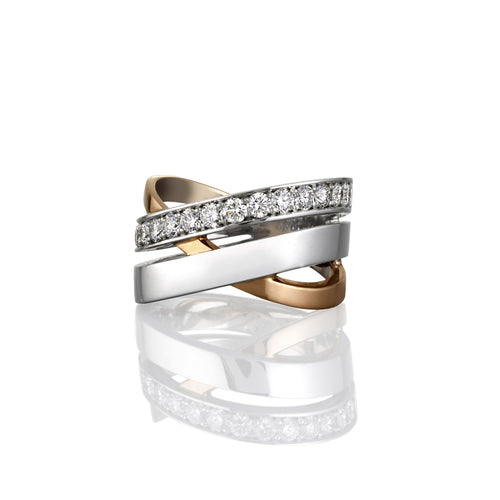 Cross over ring design with a row of white diamond accents