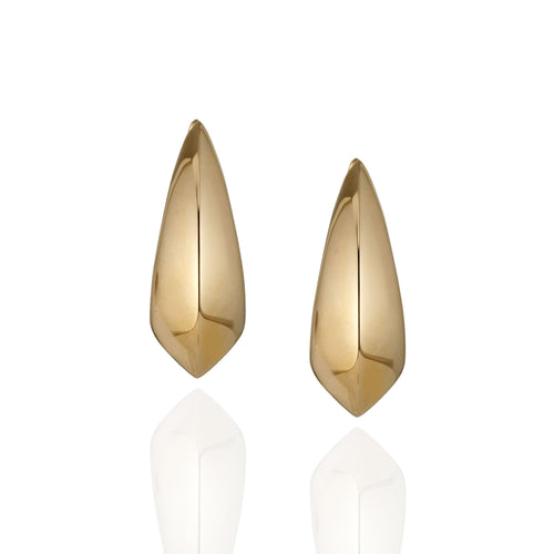 Pair of gold teardrop-shaped earrings on a white background