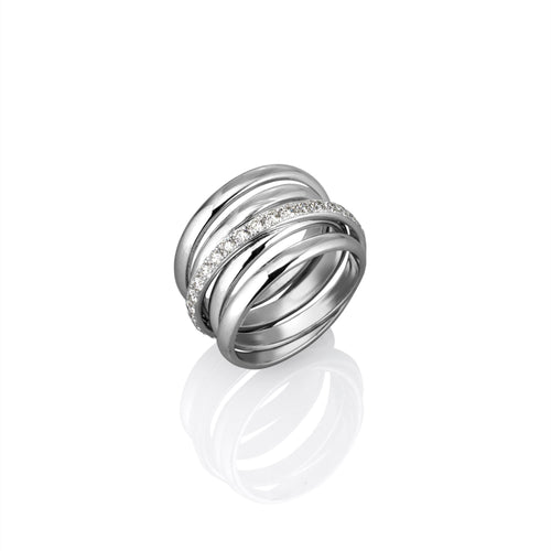 White Gold interlocking style ring with embedded white diamonds on a white background