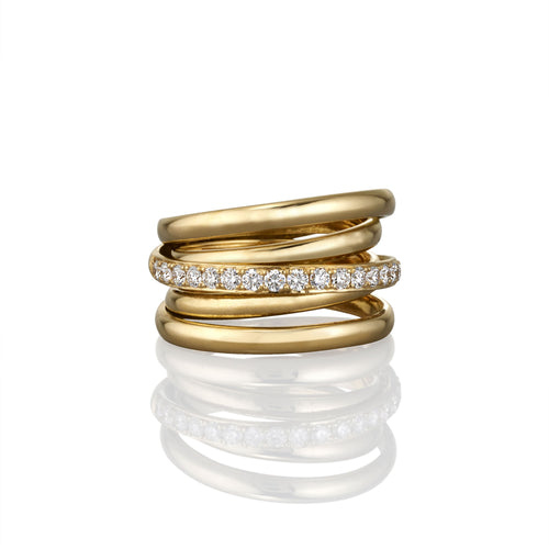 Interlocking design of gold bands with white diamond accents along one band