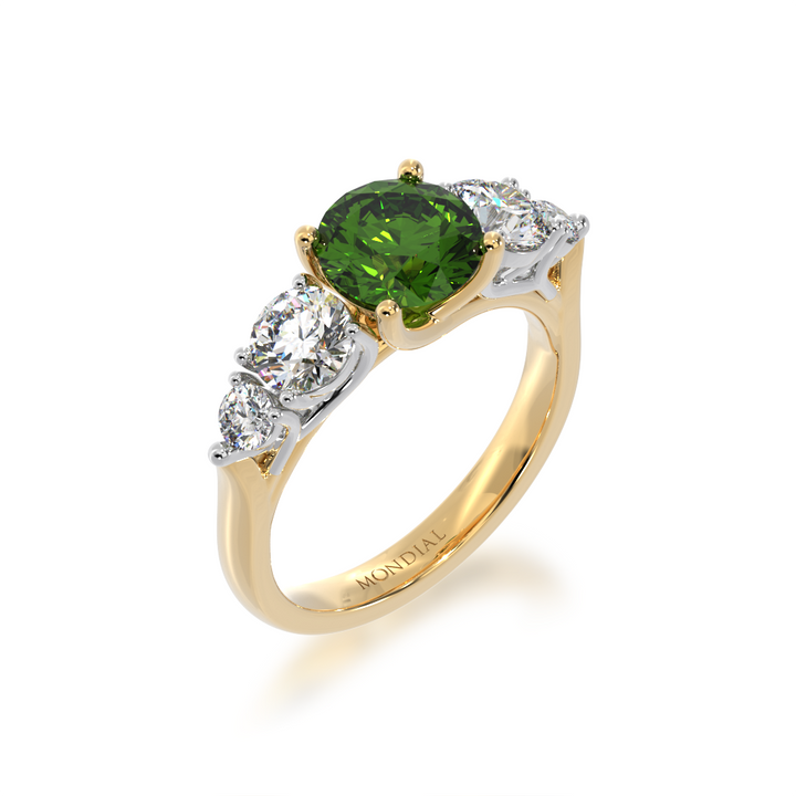 Five stone round green sapphire and diamond ring from angle