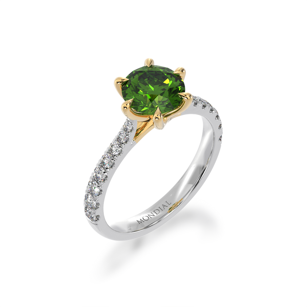 Round green parti sapphire with diamond set band from angle