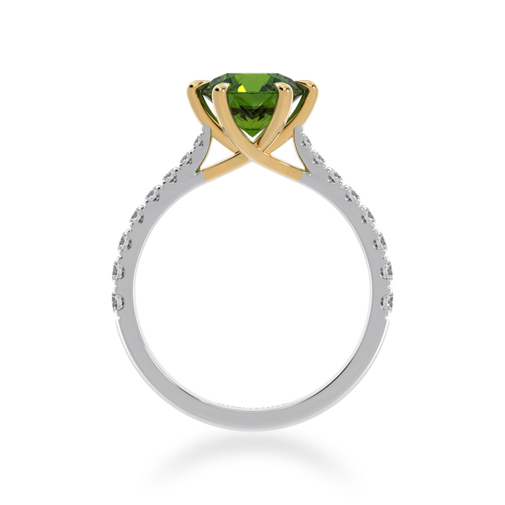 Round green parti sapphire with diamond set band from front