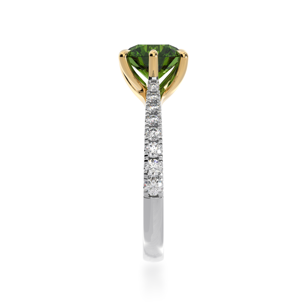 Round green parti sapphire with diamond set band from side