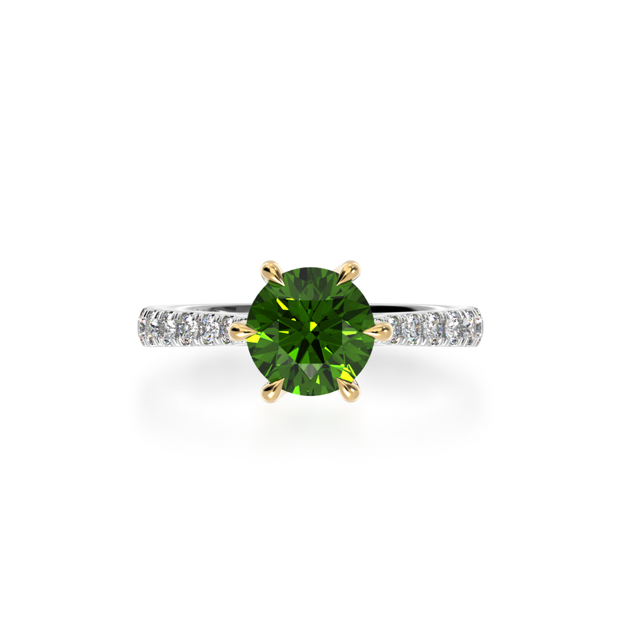 Round green parti sapphire with diamond set band from top