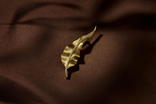 Gold gum leaf brooch with sparkling crystal accents on a dark brown background.