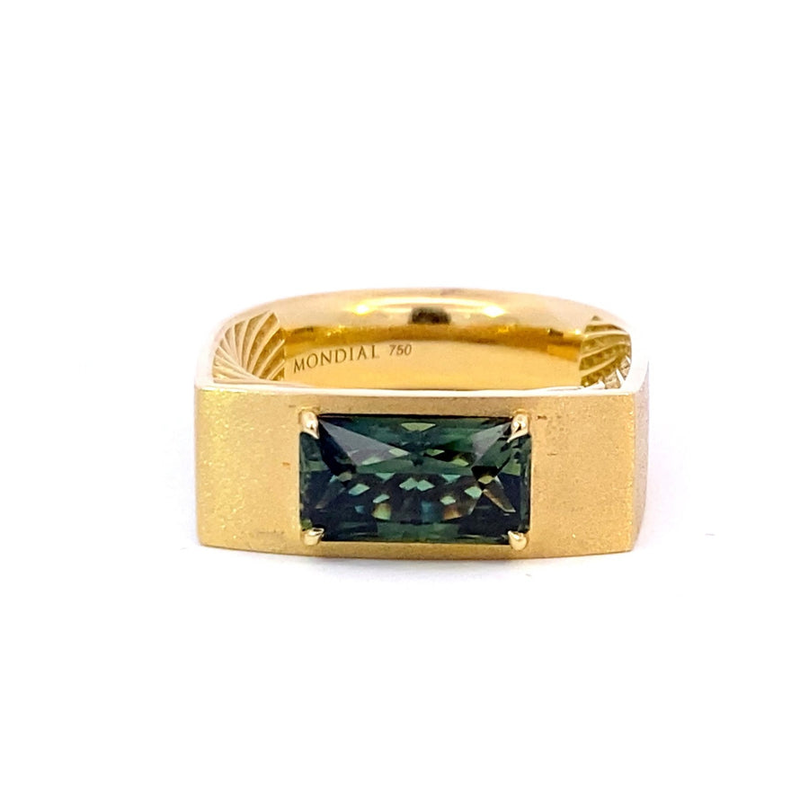 Green Parti Sapphire set in a yellow gold signet ring with a cross hatched profile view from front 