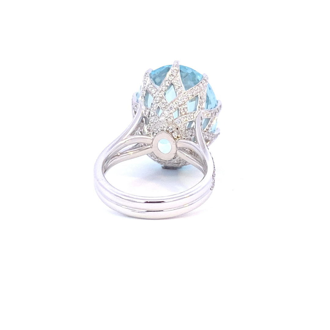 Aquamarine cocktail ring set with a cross hatched diamond basket view from back 