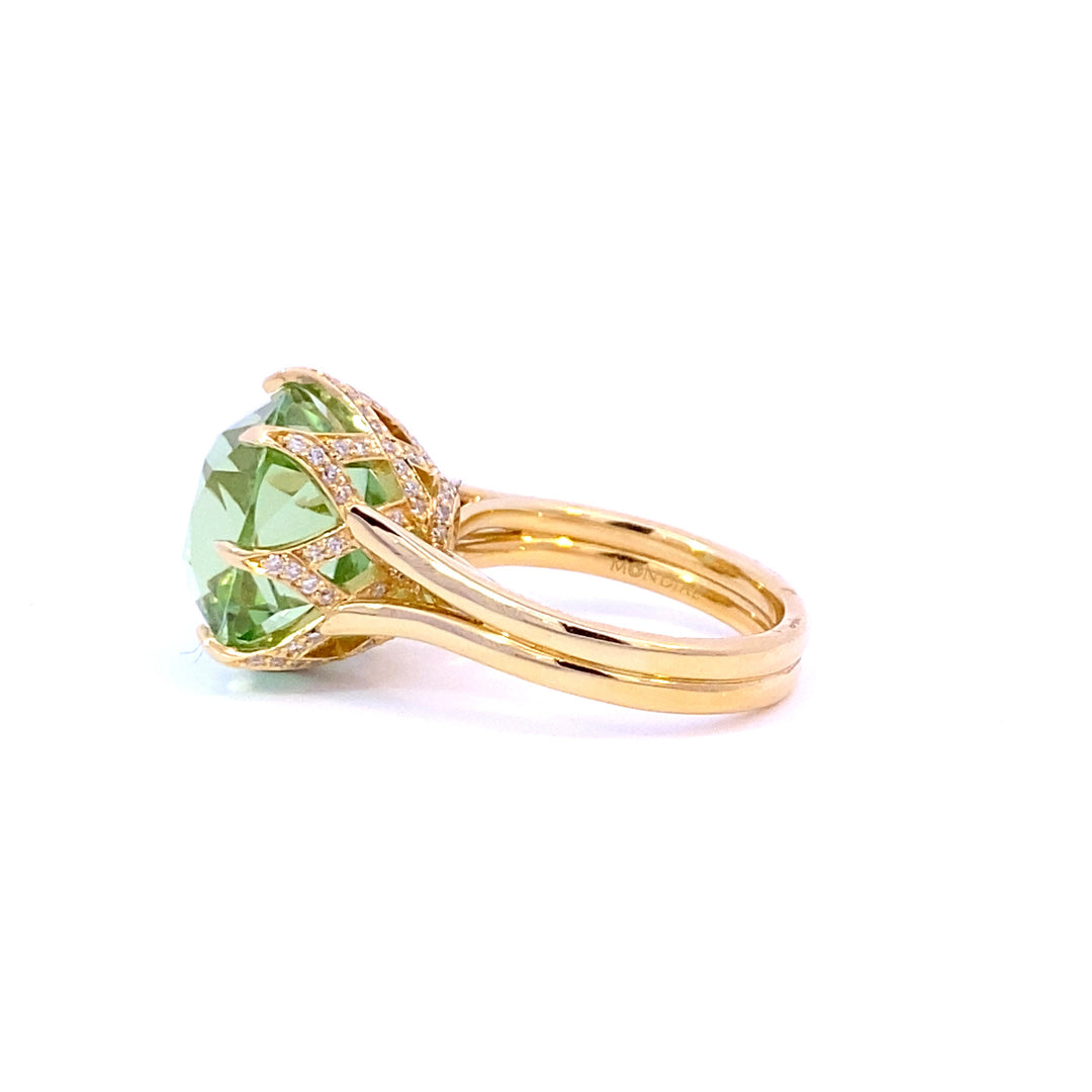 Mint apple green tourmaline cocktail ring set with a cross hatched diamond basket view from side