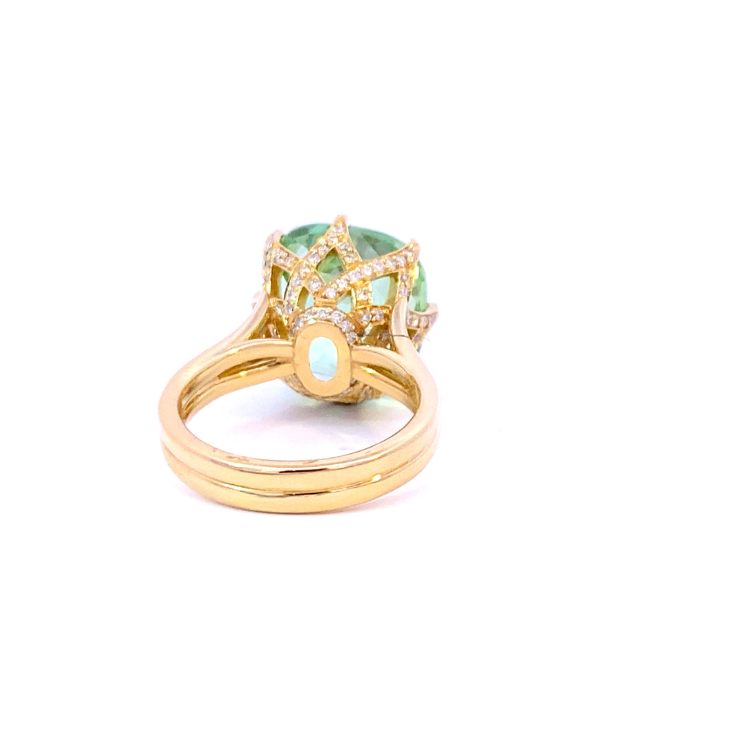 Mint apple green tourmaline cocktail ring set with a cross hatched diamond basket view from back 