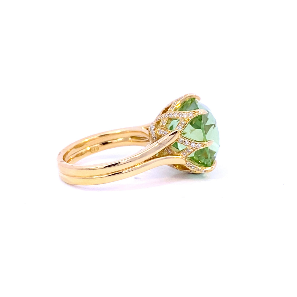 Mint apple green tourmaline cocktail ring set with a cross hatched diamond basket view from side 