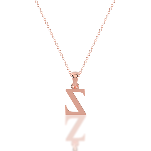 Rose gold 'Z' pendant necklace on a white background showing from the reverse angle
