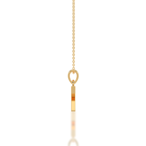 Gold necklace with a unique pendant on a white background showing from side view