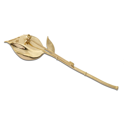 Back view of Gold leaf sprout brooch showing the pin clasp on a white background.