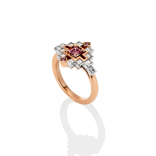 Lumiere Collection inner element of the multi piece ring with square cut white diamonds and pink sapphires in rose gold and white gold setting.