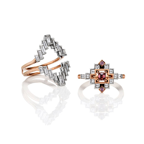 Lumiere Collection outer and inner elements of the ring which includes square and emerald cut white diamonds and pink sapphires