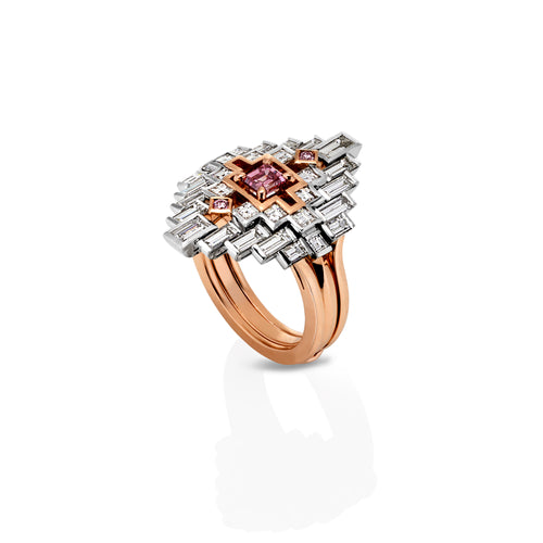 Lumiere Collection multi piece ring. The ring consists of a rose gold band and White Diamonds and Pink Sapphires.