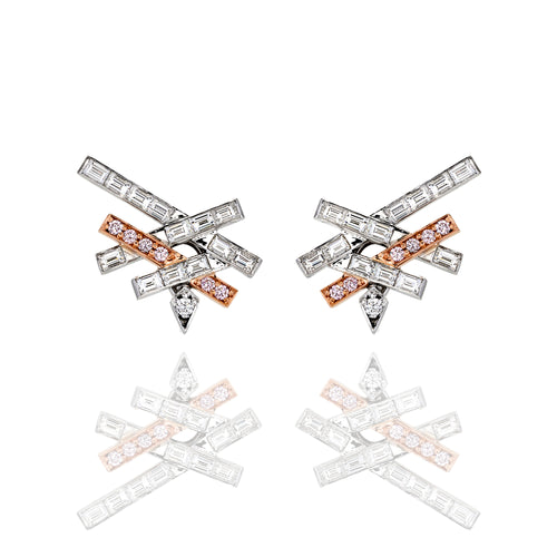 A set of stud earrings with emerald cut white diamonds and pink sapphires