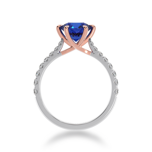 Front standing view of the Mondial by Nadia Round Brilliant cut Blue Sapphire engagement ring with a diamond set band.