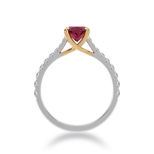 The Mondial by Nadia Oval cut Ruby on a diamond set band standing view.