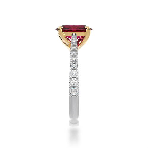 The Mondial by Nadia Oval cut Ruby on a diamond set band standing side view.