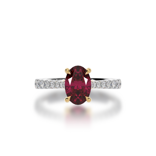 The Mondial by Nadia Oval cut Ruby on a diamond set band front view.