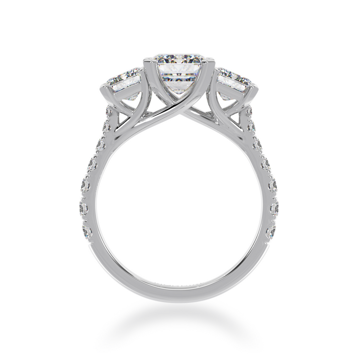 Emerald cut diamond trilogy ring with a diamond set band from front