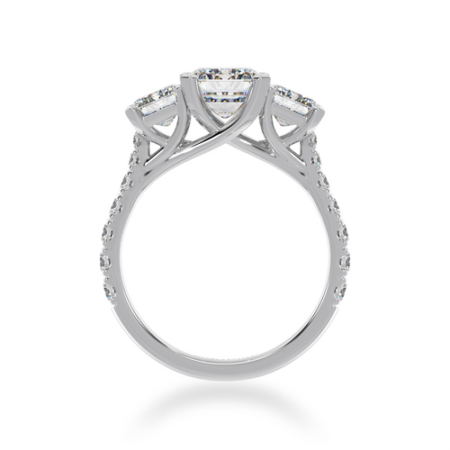 Emerald cut diamond trilogy ring with a diamond set band from front