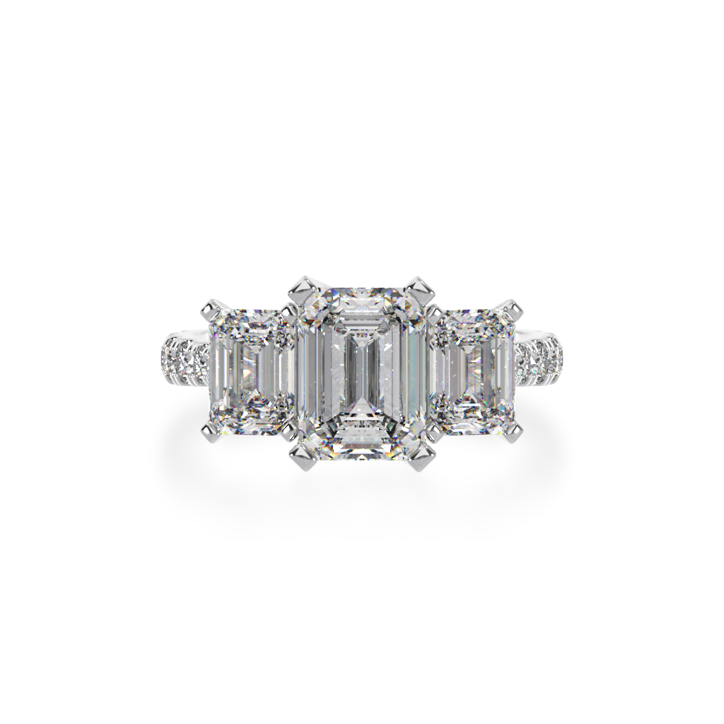 Emerald cut diamond trilogy ring with a diamond set band from top