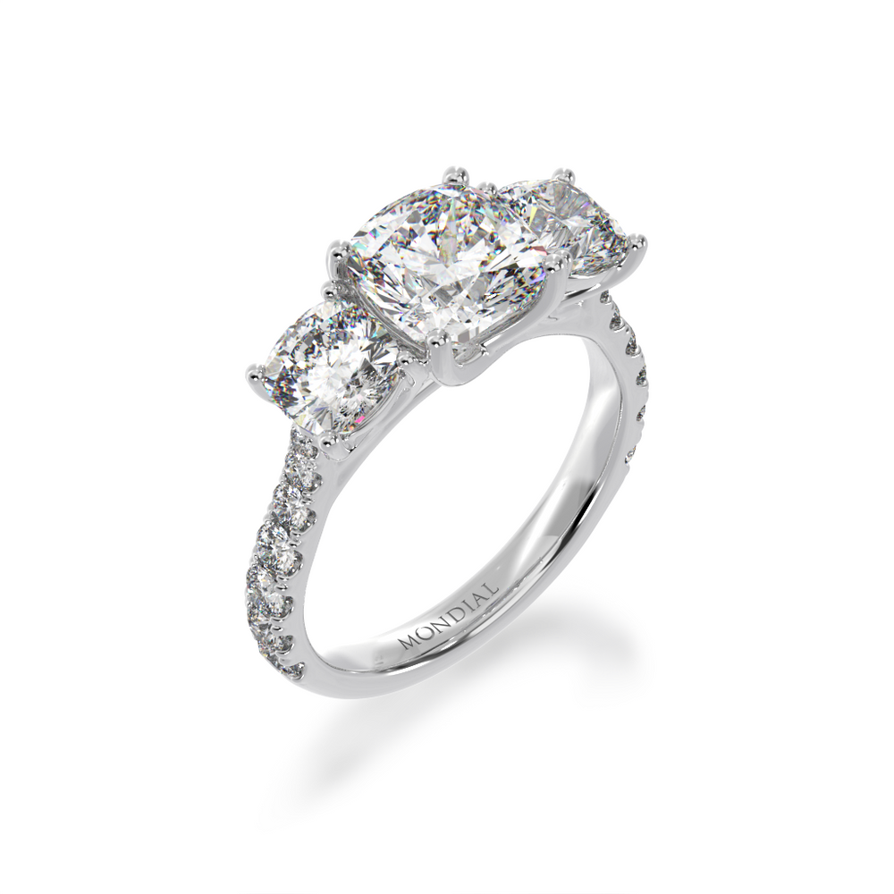 Cushion cut diamond trilogy with diamond set band view from angle