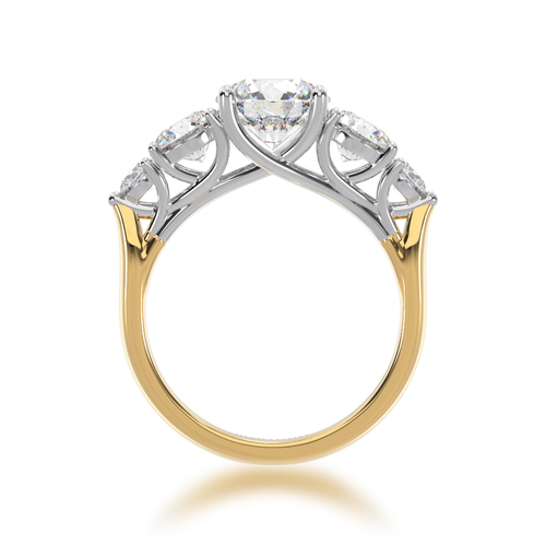 5 stone round brilliant cut diamond ring on a yellow gold band