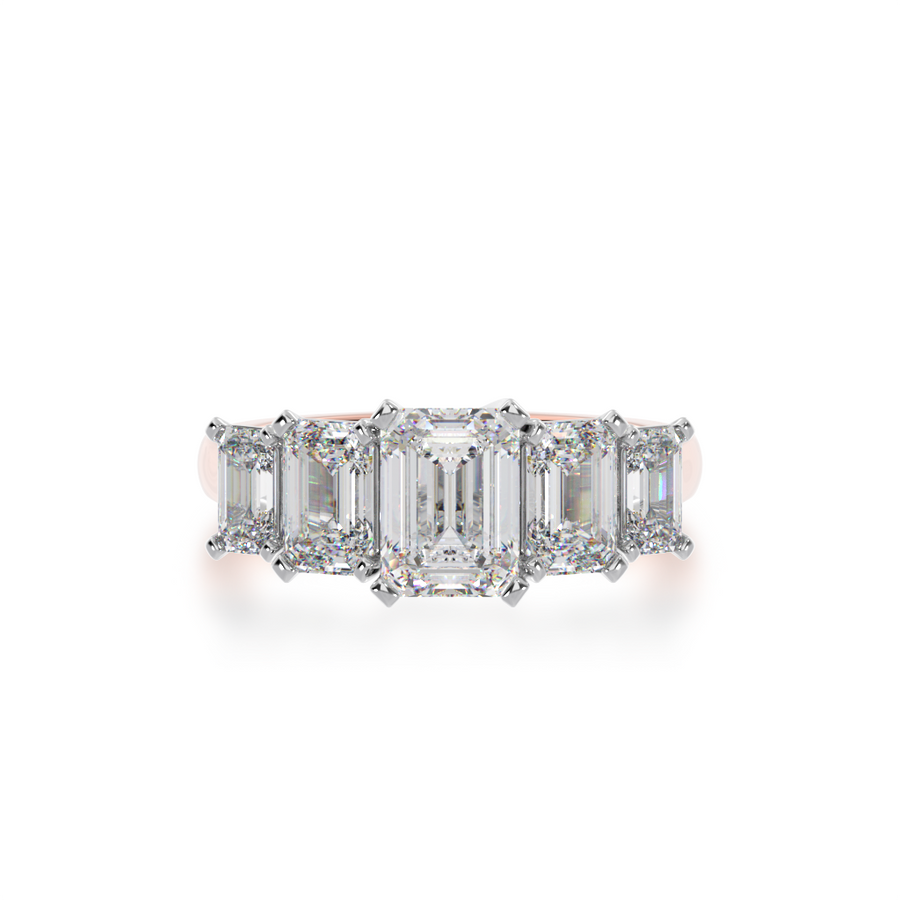 Five stone emerald cut diamond ring on rose gold band Mondial by Nadia