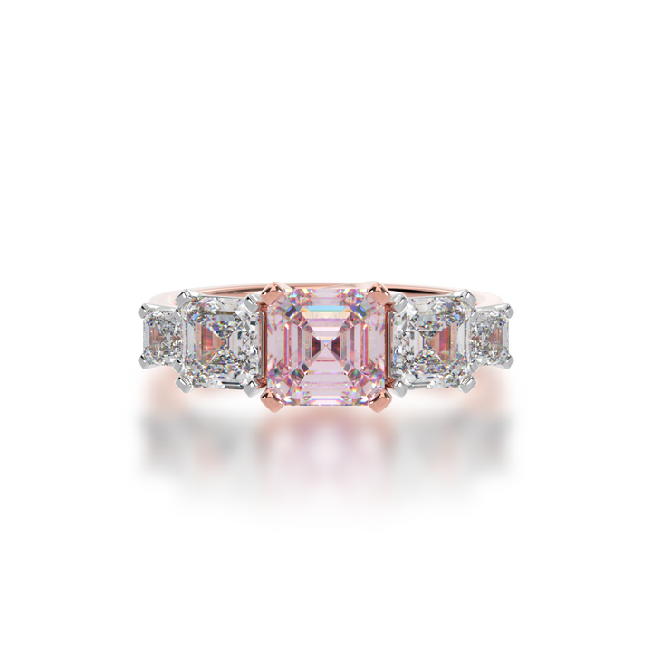 Asscher cut Pink Sapphire and Diamond 5 stone ring on rose gold band