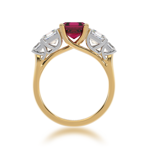 Asscher cut Ruby and Diamond 5 stone ring on yellow gold band