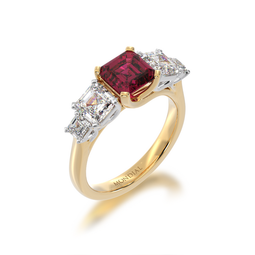 Asscher cut Ruby and Diamond 5 stone ring on yellow gold band