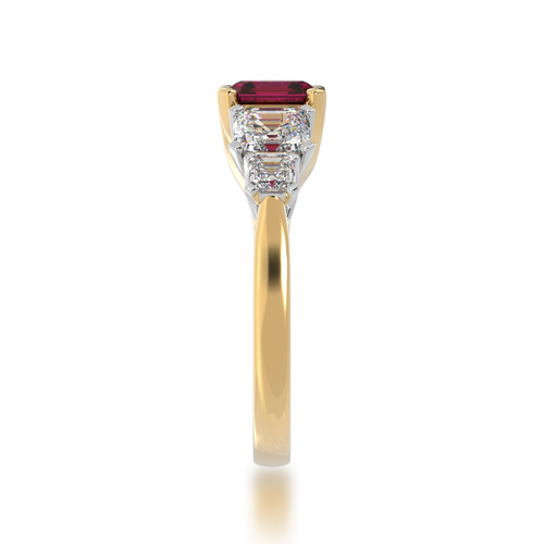 Asscher cut Ruby and Diamond 5 stone ring on yellow gold band